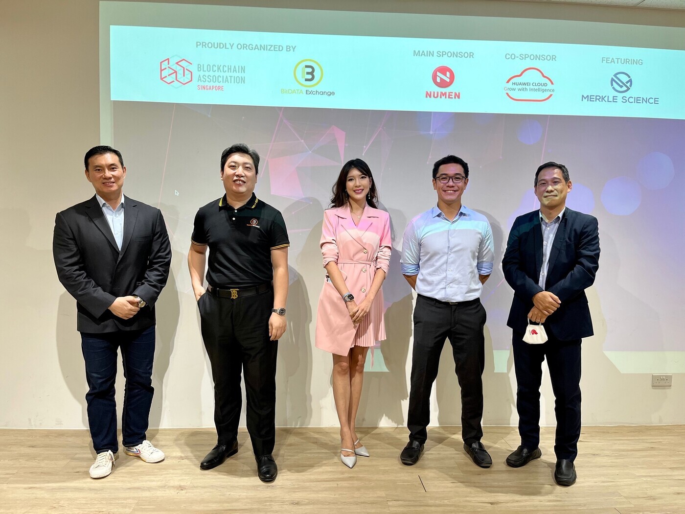 Left to right: Branson Lee, event moderator from EXCO BAS; Ken Wang, BitDATA Exchange; Lovelle Cengiya, Numen Cyber; Ian Lee, Merkle Science; Patrick Low, Huawei Cloud;