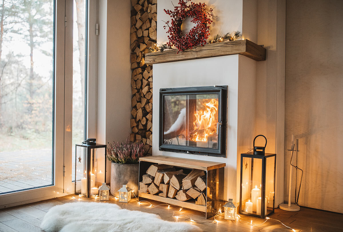 Cozy living room winter interior with fireplace