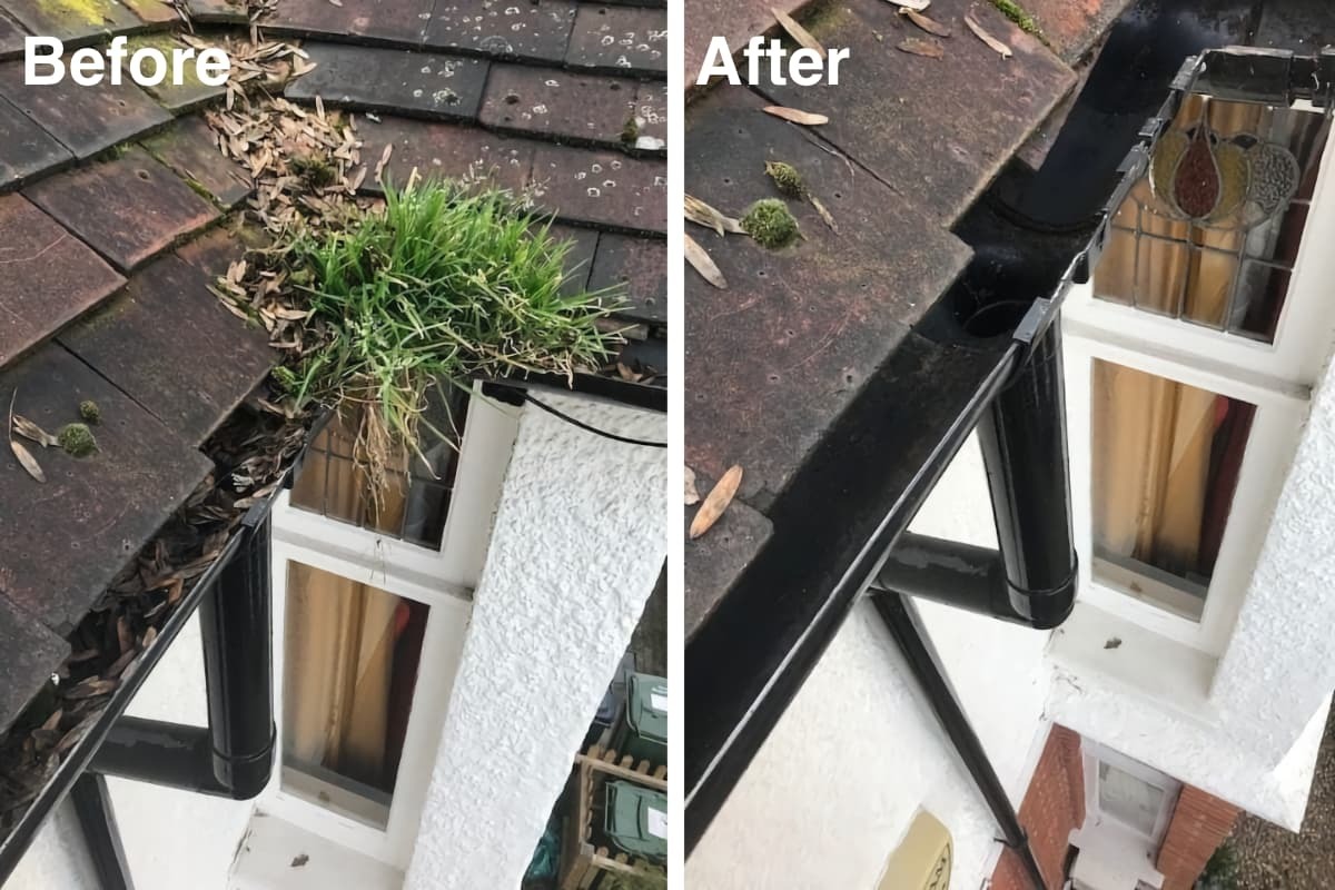 Before and after photo of gutter clean