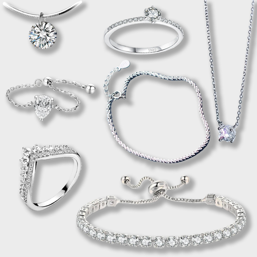 A selection of MySilverStandard’s top-selling silver jewelry pieces, including the Dazzling Zirconia Hand-Crafted Tennis Bracelet, classic rings, and elegant earrings. Each piece is crafted from premium sterling silver, showcasing intricate details and a brilliant shine