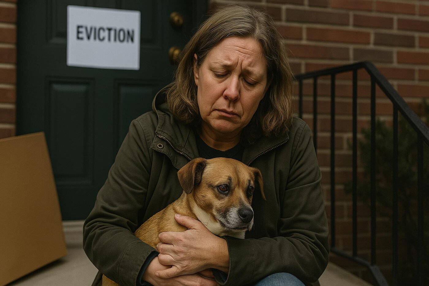 A worried woman sits on apartment steps holding her dog, with an eviction notice on the door behind her.