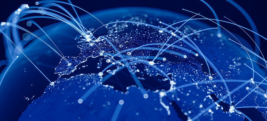 blue globe from space showing connections between cities