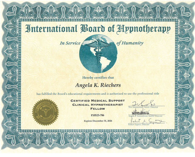Based in Tucson, Arizona, and serving clients globally, Angie Riechers is a Certified Medical Support Clinical Hypnotherapist.