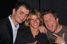 Brian Evans, World Champion Kite Surfer Jesse Richman, and Nick Swardon pose after a concert on Maui in 2011