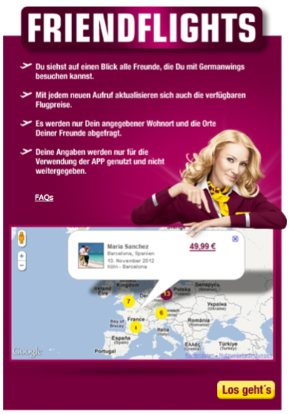 FriendFlights helps users easily find the lowest Germanwings airfares to visit their Facebook friends around Europe.