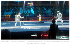 Mens Sabre bouts 29th July Olympic Event. Yellow piste - 5 hits within 4 seconds. Blue Piste - a hit within first 2 seconds.