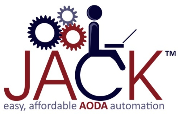 JACK(tm) logo - easy affordable AODA compliance automation - man on wheelchair with gears behind him