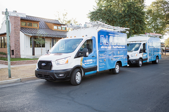 p&l plumbing trucks arrived at the customers house